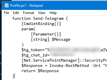 добавить функцию отправки в telegram в профиль powershell