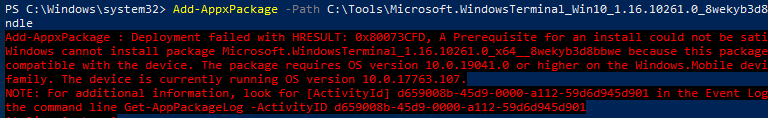 Microsoft.WindowsTerminal ошибка 0x80073CFD, A Prerequisite for an install could not be satisfied.
