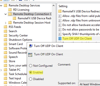 Параметр политик - отключить UDP на клиенте Turn off UDP on Client 