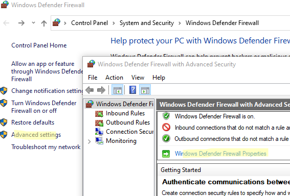 Настройки Windows Defender Firewall 