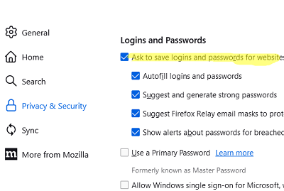 Firefox - отключить сохранение пароля для веб сайтов