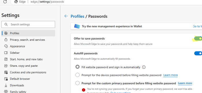 Запретить сохранять пароли в браузере Microsoft Edge