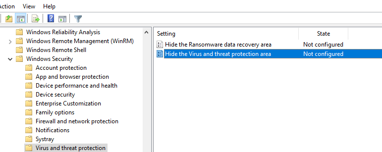 Параметр GPO: Hide the Virus and threat protection area in Windows Security