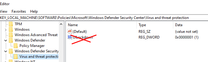Удалить параметр UILockdown Windows Defender в реестре