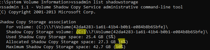 vssadmin list shadowstorage - исопльзование теневых копий на диске