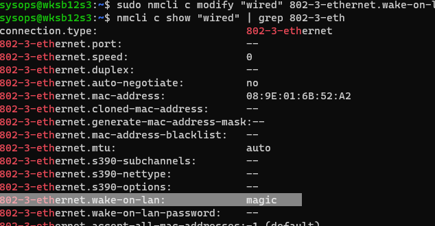 nmcli включить WOL для сетевого адаптера в Linux (Ubuntu)