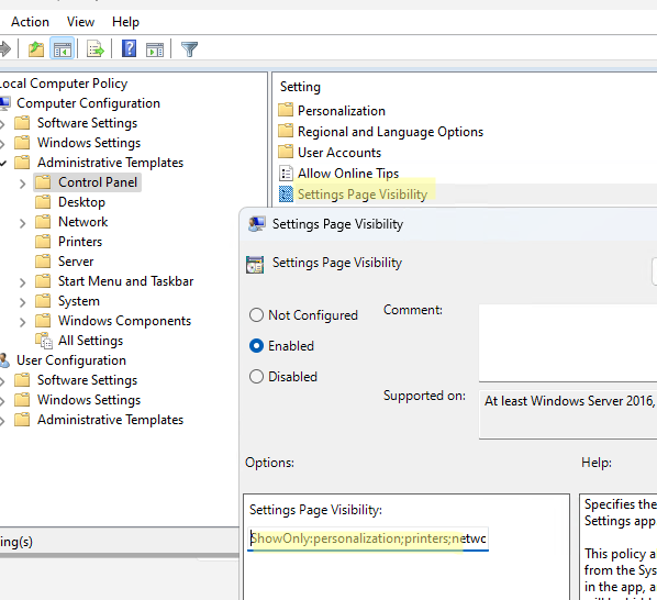 Опция Settings Page Visibility - скрыть пункты в меню Параметры Windows