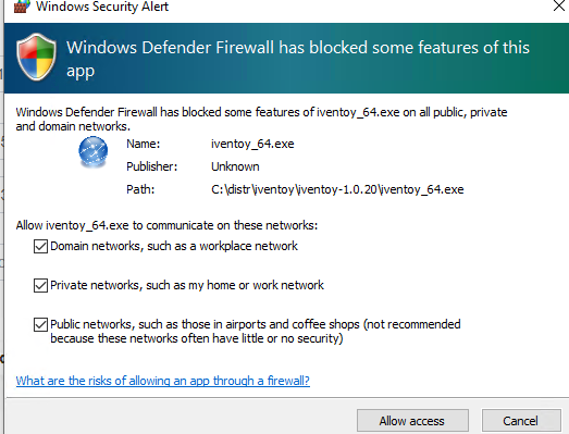 Разрешить доступ iVentoy в Windows Defender Firewall