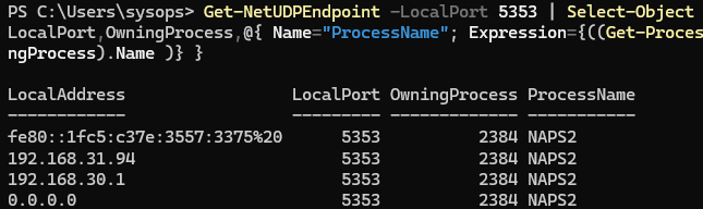 Get-NetUDPEndpoint - список программ, прослушивающих порт