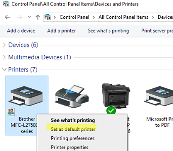 Панель управления Windows - принтер по умолчанию