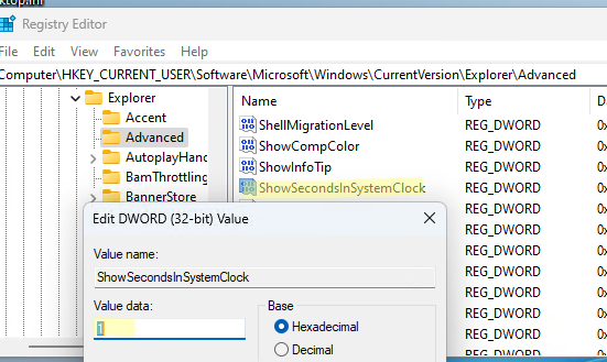 Параметр реестра ShowSecondsInSystemClock - показать секунды в трее Windows
