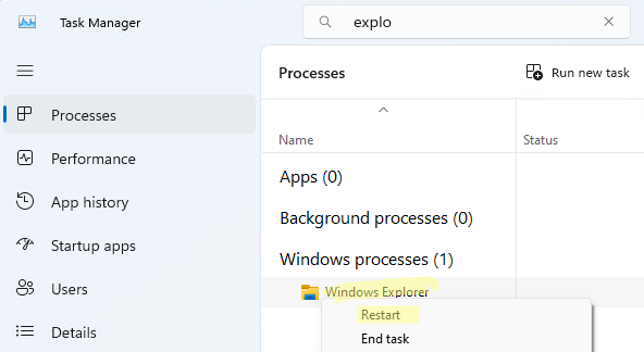 Перезапустить процесс File Explorer