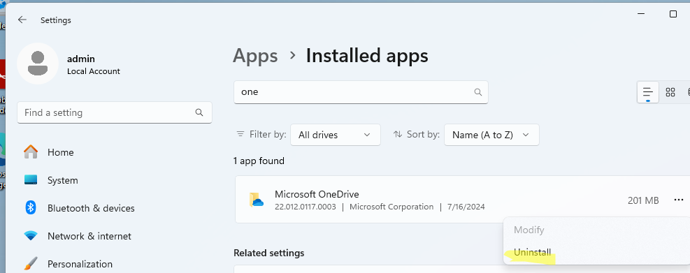 Удалить OnedDrive для пользователя