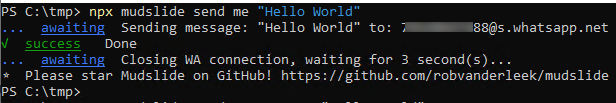 Отправка сообщения в мессенджер WhatsApp из командной строки Windows с помощью npx mudslide 