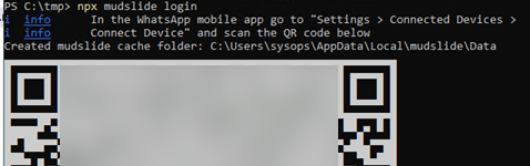 Отсканировать QR код в консоли Mudslide чтобы выполнить авторизацию устройства в WhatsApp