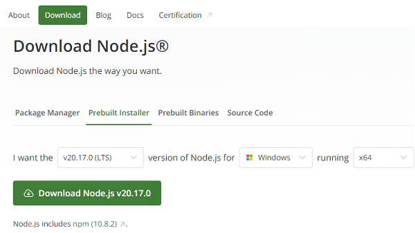 Скачать node.js для Windows