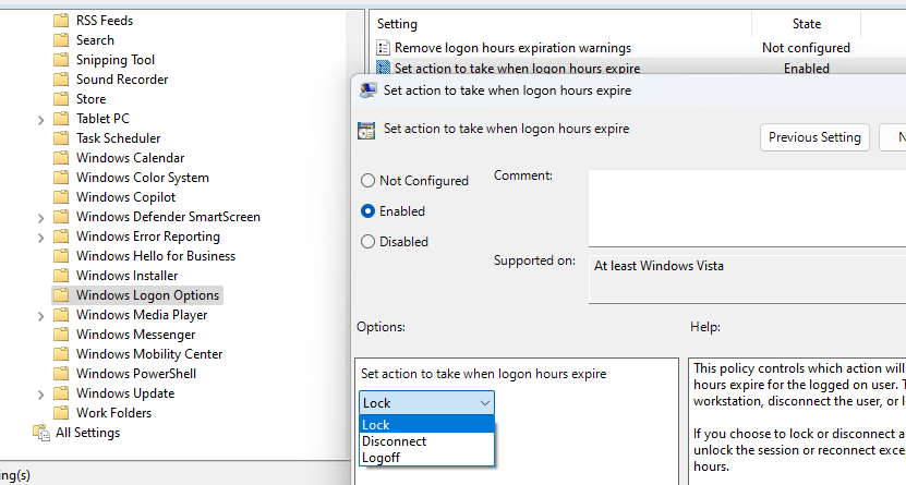 Групповая политика: заблокировать сессию пользователя, когда разрешенные ему часы истекли