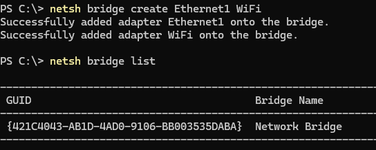 netsh bridge create - создать сетевой мост из командной строки