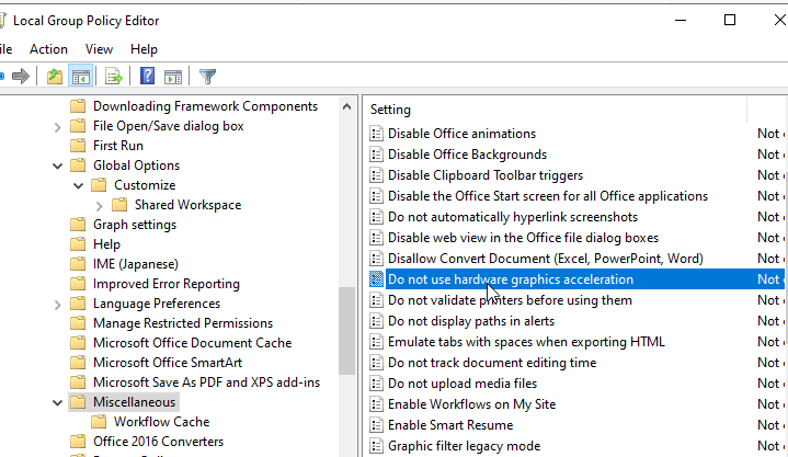 Опция групповой политики Microsoft Office: Do not use hardware graphics acceleration