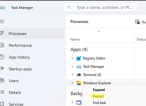 Перезапустить проводник Windows Explorer