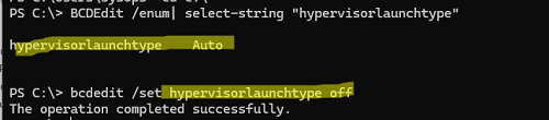 bcdedit /set hypervisorlaunchtype off - отключить гипервизор в Windows