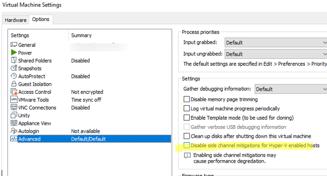 Disable side channel mitigations for Hyper-V enabled host - отключить защиту в свойствах ВМ VMware