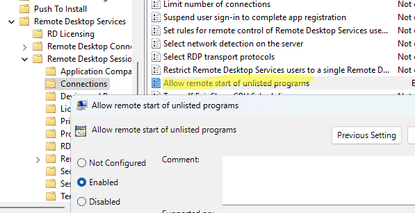 Групповая политика RDS: Allow remote start of unlisted programs