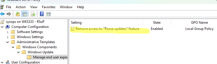 Параметр GPO: Удалить доступ к функции "пауза обновления" - запретить пользователям приостанавливать обновления