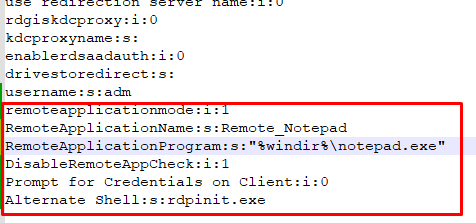 Параметры RDP файла для запуска удаленного приложения в режиме опубликованного RemoteApp