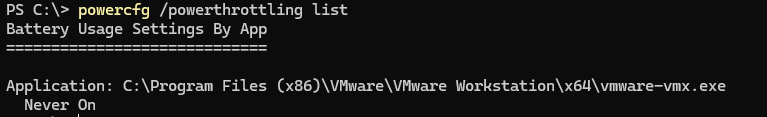 powercfg /powerthrottling vmware-vmx.exe отключить регулирование энергопотребления для процесса vmware