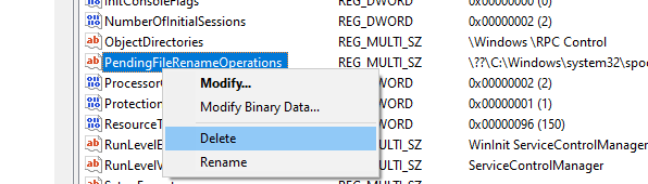 удалить параметр реестра PendingFileRenameOperations