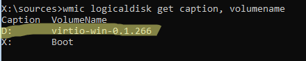 wmic logicaldisk get caption, volumename - определить буквы дисков среде winpe