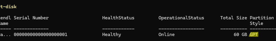 get-disk - таблица разделов сконвертирована в GPT