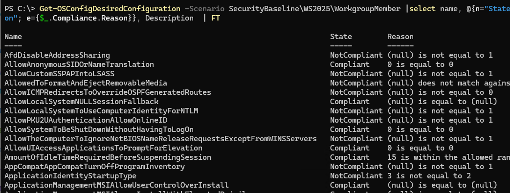 Get-OSConfigDesiredConfiguration -список всех параметров в шаблоне безопасности Windows Server