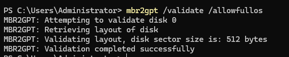 mbr2gpt /validate проверка перед конвертацией таблицы MBR