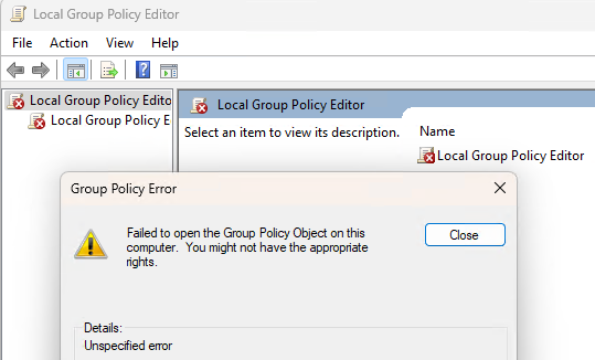 Не удалось открыть объект групповой политики на этом компьютере. Возможно, у вас недостаточно прав. 