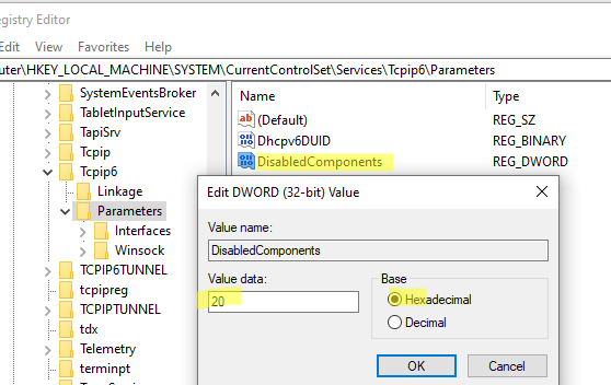 Параметр реестра DisabledComponents для ipv6 в windows