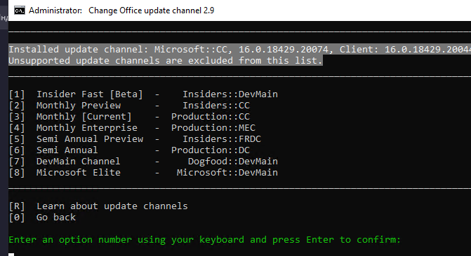 Сменить канал обновлений Office на Monthly Enterprise 
