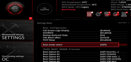 Включить режим UEFI в настройках BIOS прошивки материнской платы