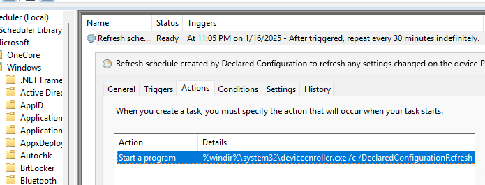 Задание планировщика Refresh schedule created by Declared Configuration to refresh any settings changed on the device 