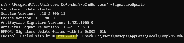 MpCmdRun.exe - ошибка обновления баз 0x8024401b 