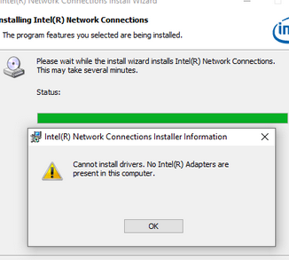 Ошибка отсутствуют сетевые карты Intel на компьютере при установке драйвера