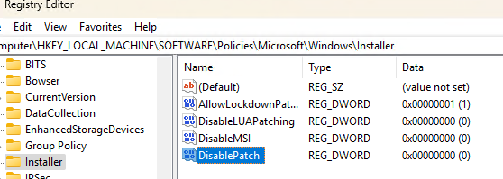 Параметры DisableMSI, DisablePatch и DisableLUAPatching в реестре