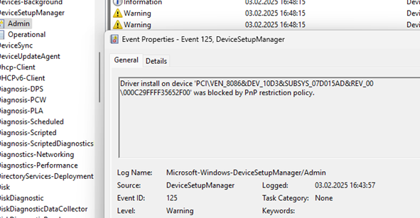 Событие EventID 125 установка устройства запрещена