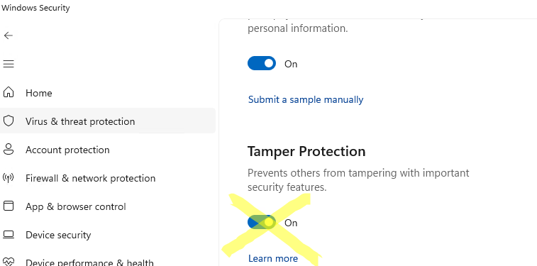 Tamper protection отключить