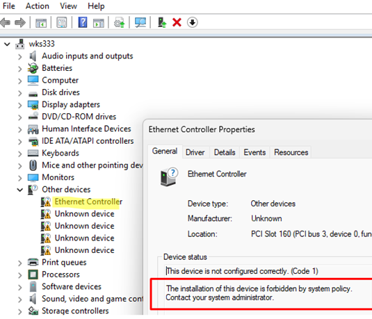 The device is not configured correctly. (Code 1)