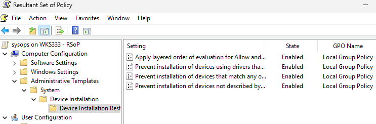 Включены ограничения на установку устройств через локальную GPO