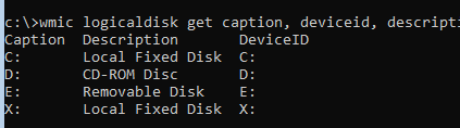 wmic logicaldisk - вывести список букв диска в среде winpe