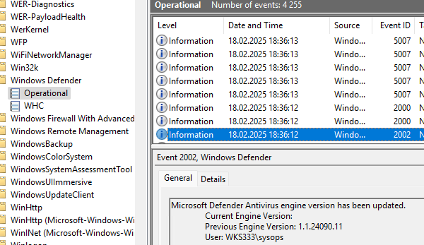 Журнал Windows Defender в Event Viewer