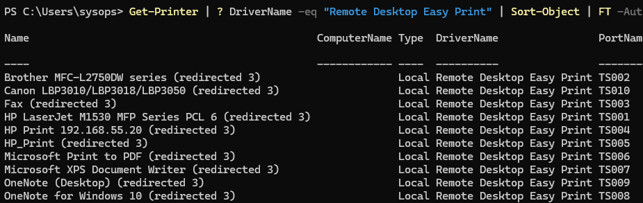 Powershell - список перенаправленных принтеров через драйвер Remote Desktop Easy Print